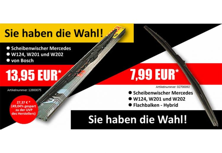 Angebot der Woche: Scheibenwischer für die Mercedes-Modelle W124, W201, W208 und W202
