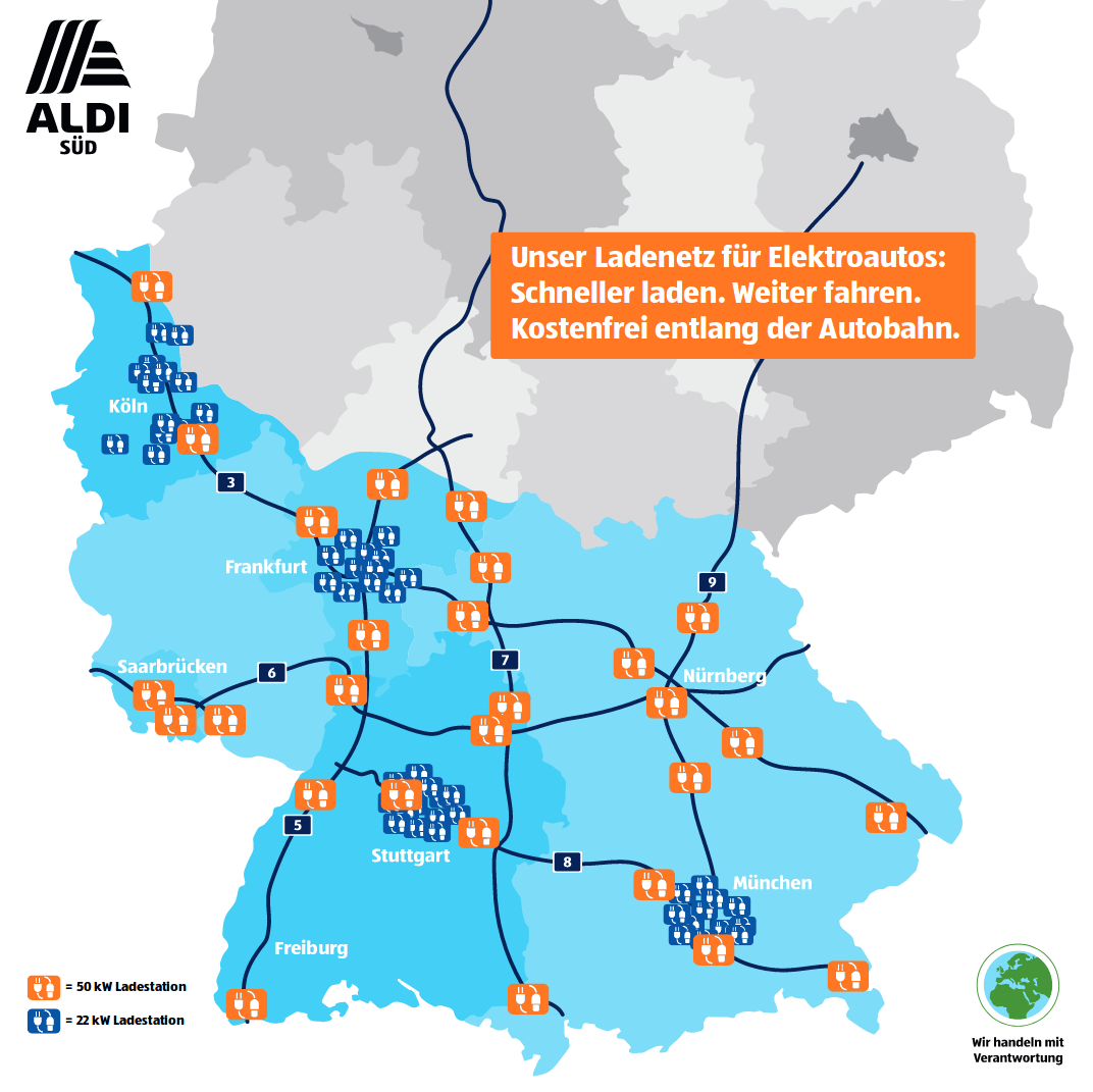 Aldi Süd baut 28 kostenlose Stromtankstellen an Autobahnen