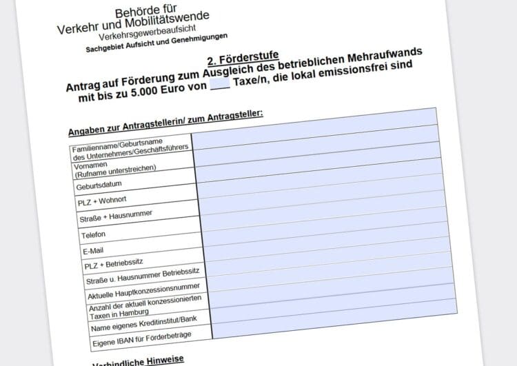 Antrag auf E-Taxi-Förderung in Hamburg weiter sinnvoll