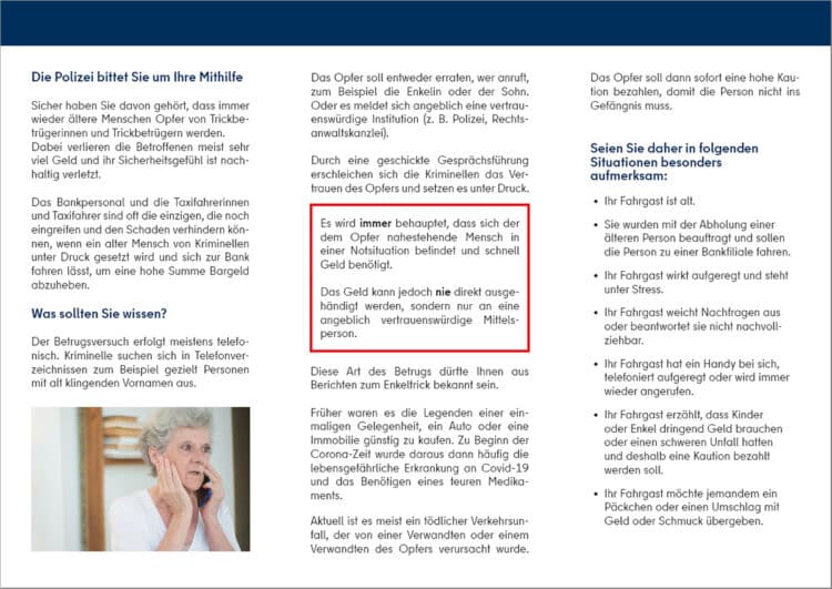 Polizei wendet sich mit Trickbetrug-Flyer direkt an Taxifahrer