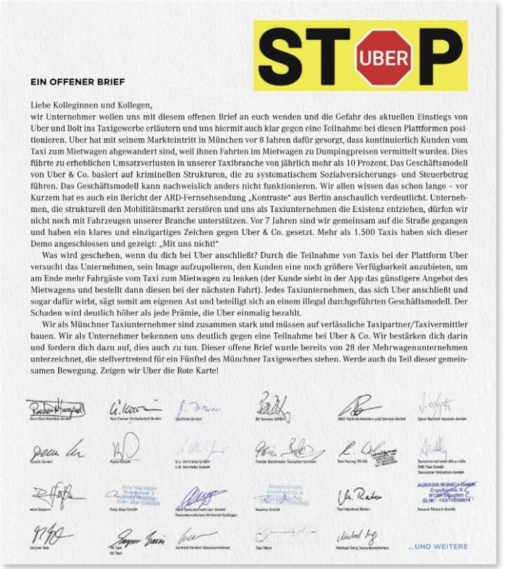 Appell aus München: Wer mit Uber kooperiert, sägt am eigenen Ast