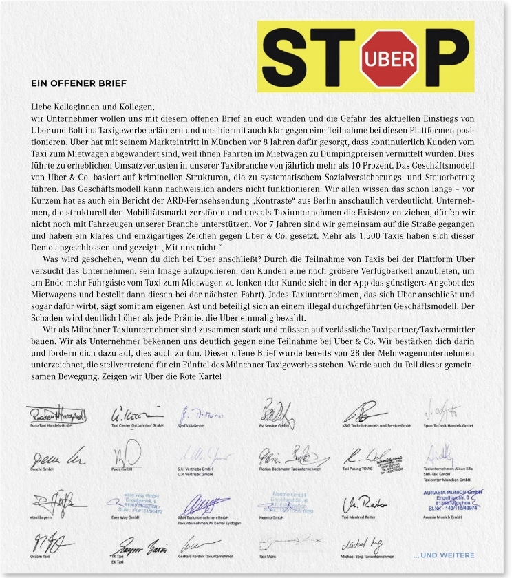 Appell aus München: Wer mit Uber kooperiert, sägt am eigenen Ast